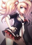  1girl bangs bear_hair_ornament black_background black_choker black_necktie blonde_hair blue_eyes bow breasts choker cleavage commentary_request contrapposto danganronpa:_trigger_happy_havoc danganronpa_(series) enoshima_junko from_side gradient gradient_background gradient_hair grey_background hair_ornament hand_on_hip hand_on_thigh highres large_breasts long_hair looking_at_viewer miniskirt multicolored_hair nail_polish necktie plaid plaid_skirt red_bow shirt skirt sleeves_rolled_up smile solo taba_neruko twintails two-tone_background white_necktie 