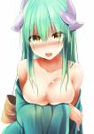  1girl bangs blush breasts covering covering_breasts dragon_horns eyebrows_visible_through_hair fate/grand_order fate_(series) green_hair green_kimono grey_background highres horns japanese_clothes kimono kiyohime_(fate) long_hair looking_at_viewer open_mouth sen_(astronomy) simple_background smile solo teeth upper_body upper_teeth yellow_eyes 