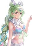  1girl arm_at_side bangs bare_shoulders bikini blue_hair blush breasts cleavage closed_mouth commentary double_bun eyebrows_visible_through_hair facial_mark frilled_bikini frills green_hair hair_ornament hand_up happy highres level9kaito long_hair looking_at_viewer medium_breasts multicolored_bikini multicolored_clothes multicolored_hair navel official_alternate_costume shiny shiny_hair shiue_(world_flipper) sidelocks simple_background sketch smile solo standing stomach streaked_hair swimsuit tied_hair two-tone_hair very_long_hair white_background world_flipper yellow_eyes 