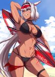  1girl abs absurdres armpits arms_up bikini black_bikini blue_eyes breasts caenis_(fate) caenis_(swimsuit_rider)_(fate) cameltoe cleavage cowboy_shot dark-skinned_female dark_skin day fate/grand_order fate_(series) highres holding holding_surfboard large_breasts moussaka navel one_eye_closed outdoors parted_lips short_hair smile solo surfboard swimsuit thigh_strap white_hair 