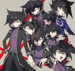  1boy aoki_(fumomo) bangs belt black_belt black_coat black_eyes black_hair black_pants blue_coat card closed_mouth coat duel_academy_uniform_(yu-gi-oh!_gx) hair_between_eyes holding holding_card male_focus manjoume_jun multiple_views open_mouth pants parted_lips purple_shirt shirt simple_background spiked_hair sweat yu-gi-oh! yu-gi-oh!_gx 