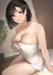  1girl bed_sheet black_eyes black_hair blush breasts cleavage collarbone commentary highres indoors large_breasts lips looking_at_viewer mature_female naked_towel open_mouth original plant sakura_no_tomoru_hi_e short_hair sitting solo steam teeth thighs towel veins veiny_breasts 