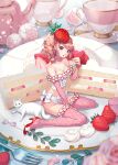 1girl bow breasts bustier cake cat collarbone commentary_request cup detached_sleeves drill_hair eyebrows_visible_through_hair flower food food-themed_clothes fork fruit full_body garter_belt garter_straps hat high_heels highres holding holding_fork leaf lips long_hair looking_at_viewer macaron medium_breasts minigirl nishimura_eri original panties parted_lips pink_hair pink_legwear pink_panties pink_theme red_footwear red_theme saucer solo strawberry sweets_lingerie teacup thighhighs underwear white_bow white_cat 