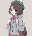  1girl :d backpack bag bob_cut brown_bag brown_hair buttons cable_knit cardigan collared_dress commentary_request dress eyelashes gloria_(pokemon) green_headwear grey_cardigan grey_eyes hands_up hat holding_strap hood hood_down hooded_cardigan looking_at_viewer open_mouth pink_dress pokemon pokemon_(game) pokemon_swsh short_hair smile solo tam_o&#039;_shanter tongue zges 