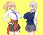  2girls arms_behind_back blonde_hair blue_eyes blush bracelet breasts cleavage clothes_around_waist commentary_request covered_nipples earrings grey_hair gyaru hairband jewelry long_hair looking_at_viewer multiple_girls munashi_mujou necktie original pleated_skirt ponytail school_uniform simple_background skirt smile vest yellow_background yellow_eyes 