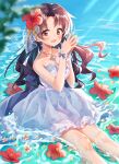  1girl :d bangs bare_shoulders black_hair blurry blurry_foreground blush brown_flower chobi_(penguin_paradise) commentary_request day depth_of_field dress eyebrows_visible_through_hair feet_out_of_frame flower flower_on_liquid frilled_dress frills hands_up highres idolmaster idolmaster_million_live! looking_at_viewer outdoors parted_bangs petals petals_on_liquid red_eyes red_flower shallow_water smile solo steepled_fingers strapless strapless_dress takayama_sayoko water white_dress wrist_cuffs 