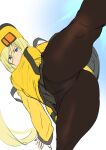 1girl ashiomi_masato bangs blonde_hair blue_eyes breasts closed_mouth crotch_seam guilty_gear guilty_gear_xrd hat kicking long_hair long_sleeves looking_at_viewer medium_breasts millia_rage panties panties_under_pantyhose pantyhose shiny shiny_clothes simple_background solo split underwear 