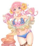  1girl bangs bare_shoulders bikini blue_bikini blush breasts cleavage collarbone flower gatchapowa hair_flower hair_ornament highres large_breasts long_hair looking_at_viewer navel open_mouth pink_hair princess_connect! purple_eyes smile solo swimsuit thighs tsumugi_(princess_connect!) twintails white_background 