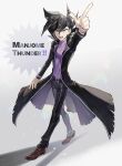  1boy aoki_(fumomo) arm_up bangs black_coat black_hair brown_footwear coat full_body grey_background grey_eyes hair_between_eyes highres index_finger_raised long_sleeves male_focus manjoume_jun open_mouth pants purple_shirt shirt simple_background solo spiked_hair walking yu-gi-oh! yu-gi-oh!_gx 