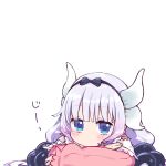  1girl bangs beads black_bow black_headband blue_eyes blunt_bangs blush bow chibi closed_mouth commentary crossed_arms dot_mouth dragon_girl dragon_horns eyebrows_visible_through_hair face hair_beads hair_ornament hair_spread_out headband horns kanna_kamui kobayashi-san_chi_no_maidragon long_hair long_sleeves looking_at_viewer no_nose pikomarie pink_sweater purple_hair sidelocks simple_background solo sweater translated upper_body white_background white_horns 