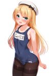  1girl bangs beret black_legwear blonde_hair blue_eyes blue_swimsuit collarbone commentary_request covered_navel flat_chest hat highres jervis_(kancolle) kantai_collection long_hair looking_at_viewer one-piece_swimsuit open_mouth pantyhose pantyhose_under_swimsuit parted_bangs school_swimsuit simple_background solo swimsuit white_background white_headwear zirba 