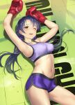  1girl andou_shuki armpits arms_up bangs bare_shoulders black_hair blush boxing_gloves breasts brown_eyes buruma cowboy_shot dolphin_shorts duplicate groin highres idolmaster idolmaster_million_live! long_hair looking_at_viewer low_twintails medium_breasts midriff navel one_eye_closed open_mouth pixel-perfect_duplicate purple_buruma short_shorts shorts smile solo sports_bra sweat takayama_sayoko thighs twintails 