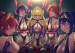 5girls :o :q ahegao amaya_haruko bare_shoulders blonde_hair blue_hair breast_grab breast_squeeze breasts breath cleavage closed_mouth collarbone cross-laced_clothes detached_sleeves ear_sex earrings elbow_gloves eyebrows_visible_through_hair fingerless_gloves gem gloves glowing glowing_eyes gold_trim grabbing gradient gradient_background green_eyes hair_between_eyes hair_bobbles hair_ornament halterneck hand_up heart heart-shaped_pupils highleg himegami_kodama huge_breasts hypnosis jewelry large_breasts looking_at_viewer maken-ki! medium_breasts midriff mind_control multiple_girls mutsuki_2100 navel nijou_aki open_mouth outstretched_hand ponytail purple_hair pussy_juice red_hair revealing_clothes rokujou_minori saliva shinatsu_azuki sidelocks split_mouth symbol-shaped_pupils tentacle_grab tentacles thighhighs thighs tiara tongue tongue_out twintails upper_body 