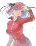  1girl arm_up bangs black_ribbon blue_eyes blunt_bangs breasts butterfly_hair_ornament go-toubun_no_hanayome green_ribbon hair_ornament head_tilt highres hirokiku jacket large_breasts looking_at_viewer nakano_nino parted_lips pink_hair red_track_suit ribbon track_jacket track_suit 