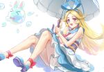  &gt;_&lt; 1girl alice_(world_flipper) animal_ears ankle_ribbon ascot bangs bare_shoulders blonde_hair blue_footwear blue_hairband blush bow bowtie breasts bubble closed_eyes collarbone commentary dress floating frilled_dress frills hairband happy high_heels highres holding holding_umbrella invisible_chair knees_up layered_dress level9kaito long_hair looking_at_viewer open_mouth parted_bangs purple_eyes rabbit_ears red_ascot red_bow red_bowtie red_ribbon ribbon sash shoes sidelocks simple_background sitting sleeveless sleeveless_dress small_breasts smile solo umbrella white_background white_dress world_flipper 