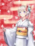  +_+ 1girl bangs blue_eyes blush closed_mouth commentary cowboy_shot crystal egasumi flat_chest flower hair_flower hair_ornament happy highres japanese_clothes kimono level9kaito light_blush long_sleeves multicolored_eyes obi official_alternate_costume platinum_blonde_hair purple_eyes red_background red_flower sash shiny shiny_hair short_hair shuriken_hair_ornament sidelocks sketch smile solo standing stella_(world_flipper) transparent white_kimono wide_sleeves world_flipper 