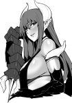  1girl absurdres animal_hands breasts choker demon_horns from_side greyscale hair_between_eyes highres horns large_breasts long_hair looking_at_viewer looking_to_the_side miitoban monochrome original parted_lips pointy_ears sideboob simple_background solo white_background 