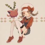  1girl bow brown_eyes brown_hair cabbie_hat full_body hat hat_bow hoppip long_hair lyra_(pokemon) open_mouth overalls pokemon pokemon_(creature) pokemon_(game) pokemon_hgss red_bow red_footwear red_shirt shirt shoes smile thighhighs twintails white_headwear white_legwear zges 