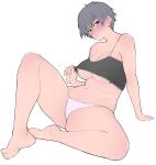  1girl absurdres areolae bare_arms bare_legs barefoot blue_eyes blush breasts camisole_lift feet full_body grey_camisole grey_hair half-closed_eyes head_tilt highres large_breasts looking_at_viewer miitoban navel nipple_slip nipples original panties parted_lips pink_panties short_hair simple_background sitting soles solo spread_legs toes underboob underwear white_background 