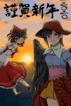  2girls ascot black_hair black_wings bow brown_eyes brown_footwear brown_headwear closed_mouth collar cowboy_hat cowboy_western detached_sleeves dress eyebrows_visible_through_hair flying frilled_bow frilled_skirt frills hair_bow hair_tubes hakurei_reimu haramin3 hat highres horse_girl horse_tail kurokoma_saki long_hair looking_at_viewer midriff multicolored_clothes multicolored_dress multiple_girls nontraditional_miko off-shoulder_dress off_shoulder ponytail red_bow red_eyes red_shirt red_skirt red_vest ribbon-trimmed_sleeves ribbon_trim shirt shoes short_hair sidelocks skirt skirt_set sleeveless smile socks tail touhou translation_request vest white_bandana white_collar wings yellow_ascot 