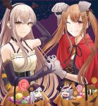  4girls animal_ears animal_hands arm_behind_head arm_up bangs bare_shoulders black_gloves bow breasts brown_hair candy chibi closed_mouth dog_ears dress elbow_gloves eyebrows_visible_through_hair fake_animal_ears food g11_(girls&#039;_frontline) girls&#039;_frontline gloves grey_hair hair_between_eyes hair_bow hair_ornament hairclip halloween halloween_bucket halloween_costume happy_halloween hat hk416_(girls&#039;_frontline) light_blue_hair light_brown_hair long_hair looking_at_another looking_at_viewer multiple_girls one_eye_closed open_mouth orange_skirt red_robe scar scar_across_eye simple_background skirt smile sorayan_03 tears twintails ump45_(girls&#039;_frontline) ump9_(girls&#039;_frontline) witch witch_hat 