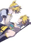  2boys akiyoshi_(tama-pete) blonde_hair collar_grab commentary crying crying_with_eyes_open detached_sleeves dual_persona dutch_angle hands_on_another&#039;s_head headphones kagamine_len kagamine_len_(append) lying multiple_boys on_back on_person sailor_collar see-through_sleeves short_hair short_sleeves shorts straddling tears vocaloid vocaloid_append 