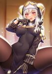  1girl arm_support backlighting bangs black_dress black_gloves blush breasts covered_navel dress gloves habit horns kibanda_gohan large_breasts long_sleeves looking_at_viewer nun open_mouth original pantyhose red_eyes silver_hair solo squatting sweatdrop 