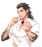  1boy beard black_hair candy casual chocolate collared_shirt facial_hair final_fantasy final_fantasy_xv food gladiolus_amicitia heart heart-shaped_chocolate hinoe_(dd_works) holding holding_chocolate holding_food licking licking_finger looking_at_viewer male_focus medium_hair partially_unbuttoned scar scar_across_eye shirt smile solo upper_body white_shirt 