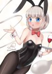  1girl animal_ears bangs black_leotard blue_eyes blunt_bangs blush bow bowtie detached_collar dutch_angle fake_animal_ears highleg highleg_leotard highres konpaku_youmu konpaku_youmu_(ghost) leotard looking_at_viewer open_mouth pantyhose playboy_bunny rabbit_ears rital short_hair signature simple_background solo strapless strapless_leotard tights_day touhou twitter_username white_hair wrist_cuffs 