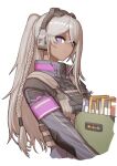  1girl armor bangs braid cheogtanbyeong closed_mouth commentary dark-skinned_female dark_skin expressionless eyebrows_visible_through_hair girls&#039;_frontline girls&#039;_frontline_2:_exilium grey_hair hair_between_eyes headphones headset highres holding long_hair long_sleeves looking_at_viewer military military_uniform nemesis_(girls&#039;_frontline_2) ponytail purple_eyes solo tactical_clothes uniform upper_body walkie-talkie white_background 