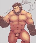  1boy abs axe bar_censor bara beard body_fur brown_hair censored character_request check_copyright completely_nude copyright_request erection facial_hair feet_out_of_frame highres holding holding_axe kagemaru_(bara) large_pectorals looking_at_viewer male_focus mature_male muscular muscular_male navel nipples nude one_eye_closed over_shoulder pectorals sangokushi_puzzle_taisen scar scar_on_cheek scar_on_face short_hair solo stomach thick_thighs thighs unfinished weapon weapon_over_shoulder 