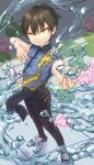  1boy bare_arms black_hair black_legwear child chinese_clothes closed_mouth dragon element_bending eyebrows_visible_through_hair flower highres looking_at_viewer male_focus original outdoors rose solo takanoberii water yellow_eyes 