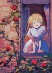  1girl aqua_eyes arm_support blonde_hair collared_dress commentary dress eyebrows_visible_through_hair flower from_outside highres long_hair looking_at_viewer no_pupils original parted_lips plant potg_(piotegu) red_flower red_rose rose signature smile solo vines white_dress window 
