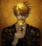  1boy alternate_costume black_jacket black_necktie black_suit blonde_hair closed_mouth collared_shirt flower formal gold gold_trim hair_over_one_eye holding holding_flower jacket male_focus necktie one_piece print_jacket runa_(artist) sanji shirt short_hair smelling_flower solo undershirt upper_body wind yellow_theme 