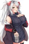  1girl :d absurdres azur_lane bangs bare_shoulders black_jacket black_legwear black_sweater breasts brown_eyes can commentary_request eyebrows_visible_through_hair greyscale hand_up headgear highres holding holding_can jacket large_breasts long_hair long_sleeves looking_at_viewer monochrome moyoron multicolored_hair off_shoulder open_clothes open_jacket prinz_eugen_(azur_lane) red_hair silver_hair simple_background sleeveless sleeveless_sweater sleeveless_turtleneck sleeves_past_wrists smile solo streaked_hair sweater thighhighs turtleneck turtleneck_sweater two_side_up unfinished very_long_hair white_background 