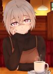  1girl absurdres alternate_costume bangs bench brown_sweater cafe casual ceiling_light creamer_(vessel) cup drink girls&#039;_frontline gotoo hair_between_eyes hand_on_own_cheek hand_on_own_face highres interior light_smile long_sleeves looking_at_viewer m200_(girls&#039;_frontline) pink_eyes pink_nails plate sidelocks silver_hair sitting solo steam sweater turtleneck turtleneck_sweater window 