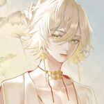  1boy bare_pectorals blonde_hair choker collarbone earrings flower green_eyes hair_between_eyes highres jewelry looking_at_viewer lotus male_focus onmyoji onmyouji pectorals red_ribbon ribbon ribbon_choker short_hair solo taishakuten_(onmyouji) upper_body white_hair yinshihi 