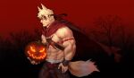  1boy abs animal_ears bara bare_pectorals beard brown_pants cape carrying chest_belt eye_mask facial_hair from_side hair_ears halloween halloween_costume jacket jacket_on_shoulders large_pectorals leather light_brown_hair male_focus male_underwear male_underwear_peek mature_male muscular muscular_male navel navel_hair nipples original pants pectorals red_cape rollingstonex6 short_hair solo stomach tail underwear white_male_underwear wolf_boy wolf_ears wolf_tail 