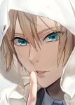  1boy bangs blonde_hair blue_eyes close-up face finger_to_mouth hair_between_eyes highres hood index_finger_raised looking_at_viewer male_focus parted_lips serota short_hair shushing solo teeth torn_clothes touken_ranbu yamanbagiri_kunihiro 