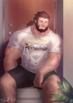  1boy bara beard black_shorts bulge casual covered_abs covered_navel door facial_hair fate/zero fate_(series) feet_out_of_frame highres iskandar_(fate) male_focus mature_male muscular muscular_male official_alternate_costume pectorals print_shirt red_hair shirt short_hair shorts sleeping sleeping_upright solo t-shirt thighs tigari white_shirt 