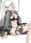  1girl bangs bikini black_bikini black_bra black_panties blush bra breasts cross crossed_bangs ekuesu eyebrows_visible_through_hair feet_out_of_frame girls&#039;_frontline green_eyes grey_jacket highres hk416_(girls&#039;_frontline) iron_cross jacket long_hair looking_at_viewer medium_breasts navel open_clothes open_jacket open_mouth panties silver_hair sitting solo swimsuit teardrop_facial_mark teardrop_tattoo underwear white_background 