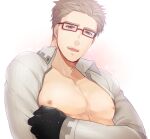  1boy bara black_gloves blue_eyes brown_hair glasses gloves grey_shirt hand_on_own_arm hand_up julius_will_kresnik kamiya_(mennu) large_pectorals looking_at_viewer male_focus muscular muscular_male nipples open_clothes open_mouth open_shirt pectorals shirt short_hair smile solo tales_of_(series) tales_of_xillia tales_of_xillia_2 upper_body white_background 