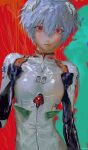  1girl ayanami_rei bangs blue_hair bodysuit covered_collarbone faux_traditional_media highres looking_at_viewer neon_genesis_evangelion nonjo_jaz plugsuit red_background red_eyes short_hair skin_tight solo standing two-tone_background upper_body white_bodysuit 