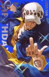  1boy coat coat_on_shoulders facial_hair fur_hat goatee grin hand_up happy_birthday hat highres holding holding_sword holding_weapon male_focus one_piece qin_(7833198) smile solo sword tattoo trafalgar_law weapon 