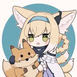  1girl :d animal_ear_fluff animal_ears arknights bangs bare_shoulders black_gloves blue_background blue_hairband blush_stickers braid brown_background chibi commentary_request eyebrows_visible_through_hair fox_ears fox_girl fox_tail gloves green_eyes hair_between_eyes hair_rings hairband highres holding holding_stuffed_toy kitsune light_brown_hair multicolored_hair pleated_skirt purple_skirt shirt short_eyebrows single_glove single_wrist_cuff skirt smile solo someyaya stuffed_fox stuffed_toy suzuran_(arknights) tail thick_eyebrows two-tone_background two-tone_hair white_hair white_shirt wrist_cuffs 