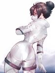  1girl apex_legends ass bangs black_hair bodysuit from_behind gloves grey_eyes hair_bun highres leaning_to_the_side looking_down mask mkbc mouth_mask open_hand procreate_(medium) quarantine_722_wraith solo thigh_strap white_bodysuit white_gloves wide_hips wraith_(apex_legends) 
