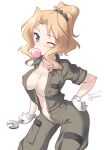  1girl alternate_hairstyle black_scrunchie blush breasts chewing_gum cleavage commentary covered_nipples girls_und_panzer gloves grey_jumpsuit hair_ornament hair_scrunchie hair_up hand_on_hip highres holding holding_wrench jumpsuit kay_(girls_und_panzer) kuzuryuu_kennosuke large_breasts looking_at_viewer navel no_bra one_eye_closed open_jumpsuit ponytail scrunchie short_sleeves simple_background sleeves_rolled_up solo standing white_background white_gloves wrench 