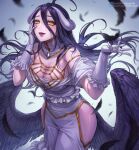  1girl albedo_(overlord) bare_shoulders black_feathers black_hair black_wings box_(hotpppink) breasts cleavage demon_girl demon_horns demon_wings detached_collar dress falling_feathers feathered_wings gloves hand_on_own_cheek hand_on_own_face hip_vent horns large_breasts lich low_wings off-shoulder_dress off_shoulder open_mouth overlord_(maruyama) slit_pupils white_dress white_gloves white_horns wings yellow_eyes 