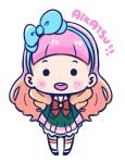  1girl :d aikatsu!_(series) aikatsu_friends! black_footwear blue_bow blue_hairband blush_stickers bow brown_hair chibi commentary_request copyright_name dress forehead full_body gradient_hair green_dress hair_bow hairband hitomiz long_hair long_sleeves multicolored_hair pink_hair pleated_dress shoes simple_background smile solid_circle_eyes solo standing teeth thighhighs upper_teeth very_long_hair white_background white_legwear yuuki_aine 