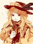 1girl blonde_hair brown_headwear brown_vest cross extra eyebrows_visible_through_hair eyelashes frilled_hat frills hat hat_feather highres holding holding_cross jacket_girl_(dipp) kuya_(hey36253625) limited_palette long_sleeves red_eyes touhou upper_body vest wavy_hair 